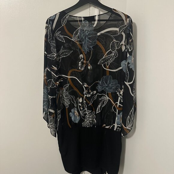 Alfani Women’s Blouse L Black Floral Stretch Pullover Top 3/4 Sleeve - Picture 3 of 5